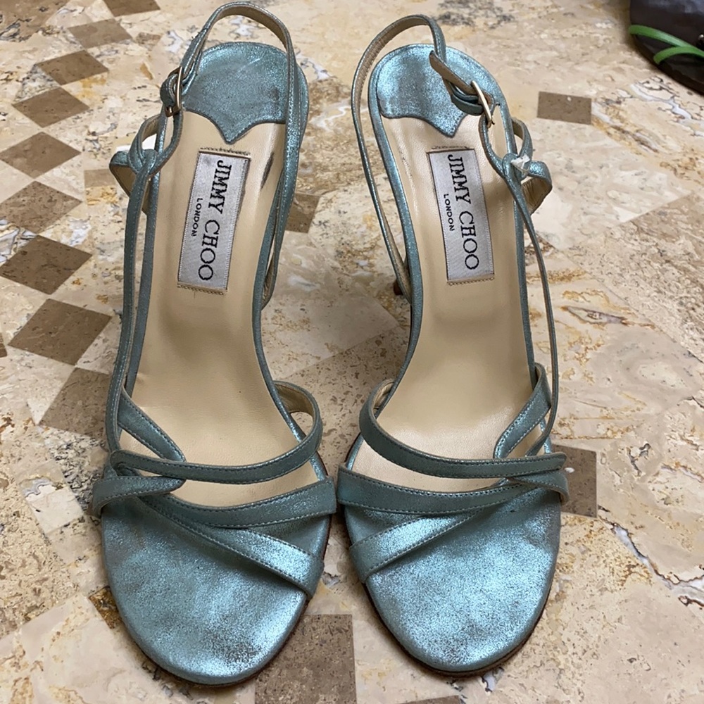 Jimmy Choo 4” dressy sandals, light teal metallic leather.